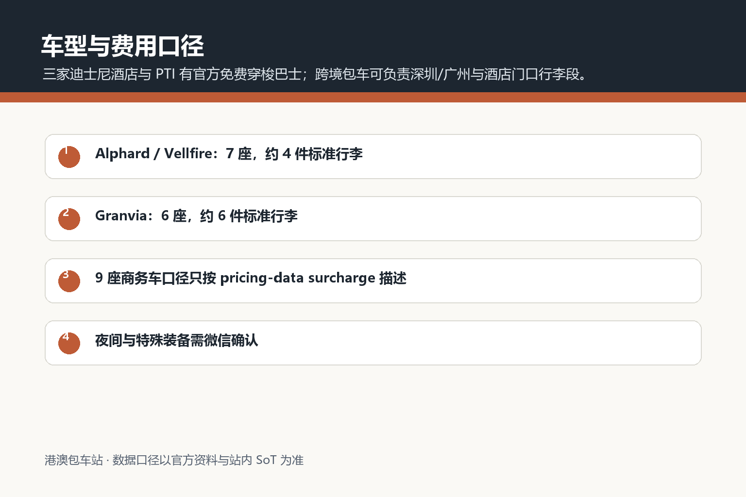 迪士尼酒店包车车型与费用口径