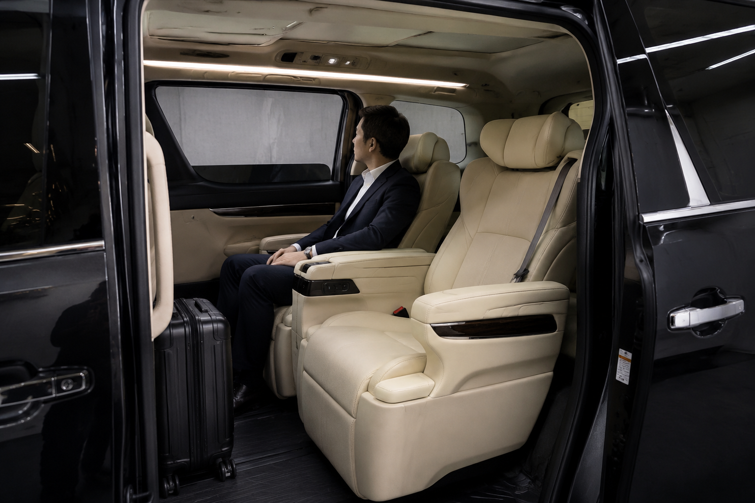 豪华 Alphard 商务车宽敞的第二排座椅与行李空间,商务旅客乘坐