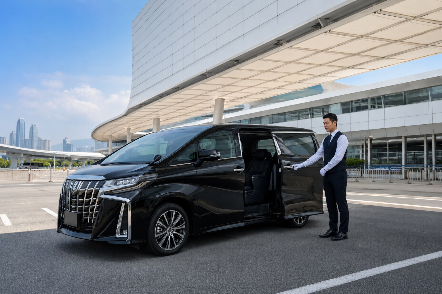 黑色丰田 Alphard 商务车停在香港跨境口岸大楼前,专业包车接送场景
