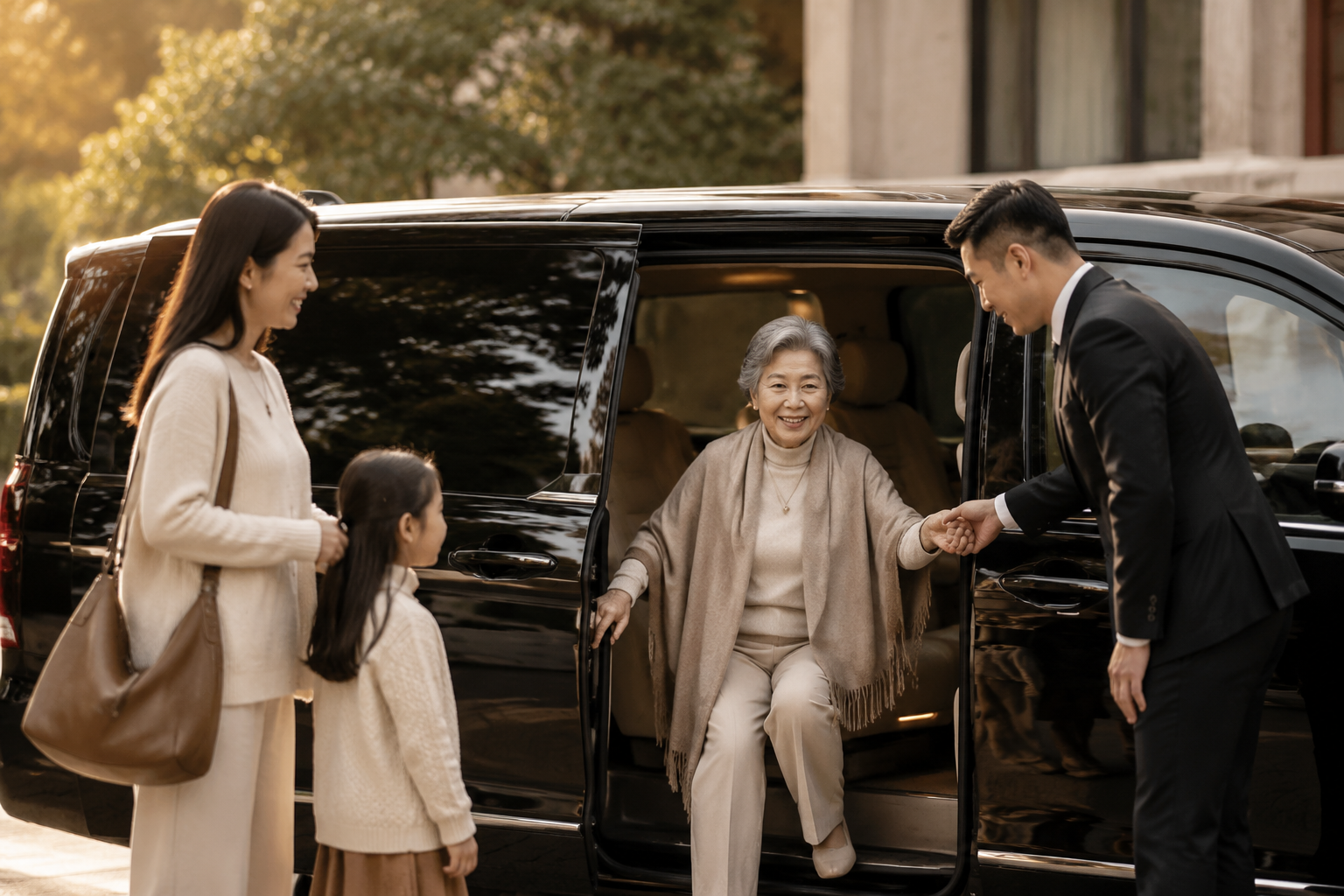 一家三代在豪华商务车旁,司机协助长者从宽敞侧滑门上车,温暖阳光